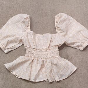 SHEIN Beige Plaid Puff Sleeve Blouse